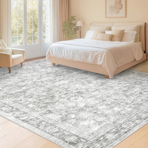9x12 Area Rugs for Living Room: Washable Large Vintage Floral Rug Low Pile Non-Slip Boho Carpet for Bedroom Dining Home Office (Grey, 9'x12') - Image 5