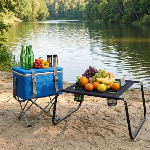 Portable Beach Table Foldable Pockets, Black, Solid Pattern - Image 6