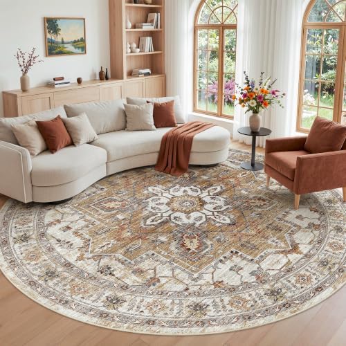 Madane Washable 9ft Circle Round Rug, 9x9 Circular Area Rugs, Turmeric/Grey by Madane