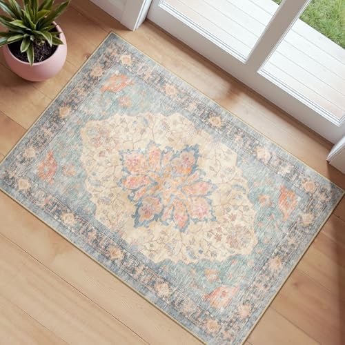 RELEANY Washable Area Rug, Small 2'x4', Blue/Orange/Red by RELEANY