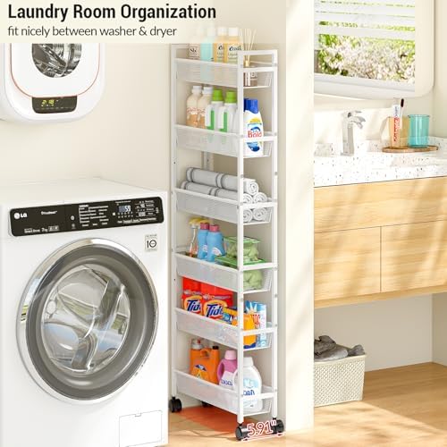 ThreeHio 6 Tier Slim Storage Cart, Narrow Cart with Wheels, Metal Mobile Shelving Unit Organizer for Bathroom, Kitchen, Laundry Room, Living Room & Narrow Spaces, White, 6in(W) - Image 3