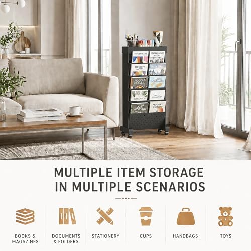 6-Tier Rolling Bookshelf Magazine Rack with Wheels Black - Image 6