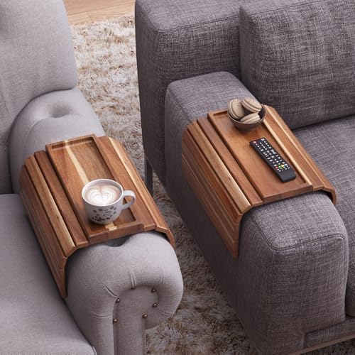2 Pack Acacia Wood Folding Sofa Arm Tray with Anti-Slip Pad - Image 2
