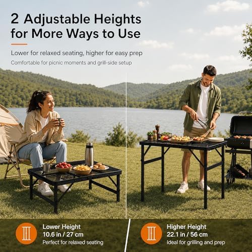 Folding Grill Table Camping Table with Mesh Desktop, Lightweight & Portable Outdoor Picnic Table, Height Adjustable Portable for Outside Inside Use - Image 5