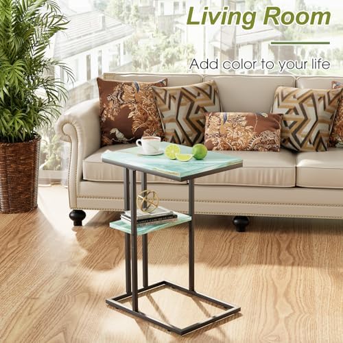 C Shaped Side Table, Couch End Table for Small Space, Blue&Green - Image 6