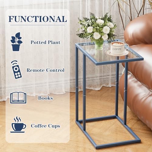 Easy Paws C Table End Table Set of 2, Glass Couch Side Table, Tempered Glass Snack Table with Metal Frame, TV Tray Table for Small Space, Sofa Couch Side Tableand Bed Side Table(Blue) - Image 4