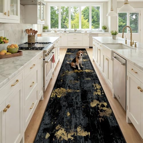 RELEANY Washable Runner 2'6"x14' Abstract Area Rug for Hallway Black Gold by RELEANY