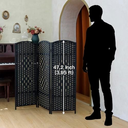 Compact 3 Panel Short Room Divider, 47.2 Inch Tall Double-Sided Rattan Folding Screen for Home & Office,Black - Image 2