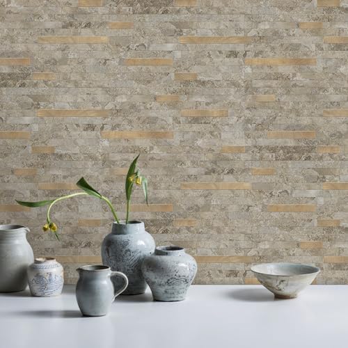 STICKGOO 2 Sheets Peel and Stick Backsplash Tile, Stick on Backsplash for Kitchen and Bathroom, Stone Beige Marble Look PVC Mixed Metal Gold Self Adhesive Wall Tiles - Image 2