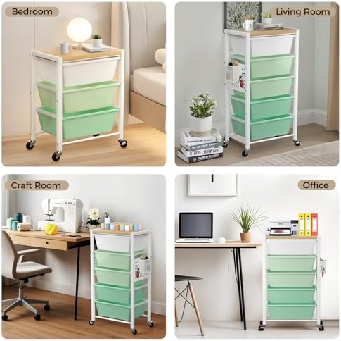 Rolling Cart with 4 Drawers, Plastic Drawer Storage Carts with Wheels & Wooden Tabletop, Metal Utility Cart with Pegboards, Office Living Room Classroom Craft Organization and Storage, Bright Green - Image 6