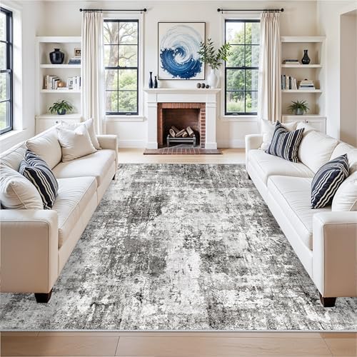 8x8 Square Area Rug Living Room – Non-Slip Washable Large Floor Carpet for Bedroom Dining Room Playroom Room – Modern Abstract Neutral Thin Low-Pile Big Indoor Rug (Grey) - Image 4