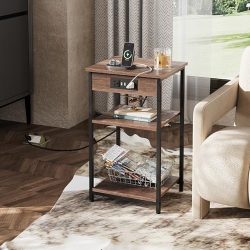 WLIVE Side Table with Charging Station and USB Ports, Small End Tables for Small Spaces, 3-Tier Nightstand with Adjustable Shelf, Bedside Tables, Living Room, Bedroom, Brown - Image 2