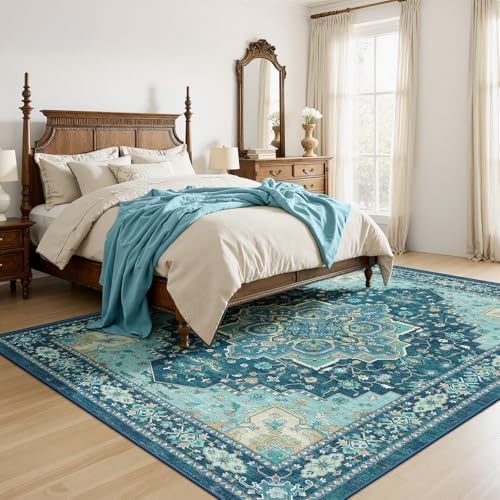 AMADA HOMEFURNISHING 8x10 Area Rug for Living Room, Vintage Washable Area Rug Low-Pile & Non-Slip Carpet for Bedroom Dining Room Nursery Home Office, Teal Blue - Image 4