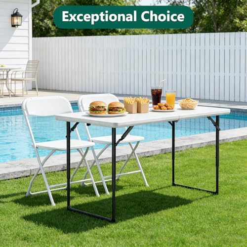 4FT Folding Table 2 Pack,Adjustable Height Heavy Duty Plastic Folding Tables with Carry Handles,Fold-in-Half Portable Tables with Steel Legs for Party, Wedding,Camping, Picnic,Indoor Outdoor,White - Image 3