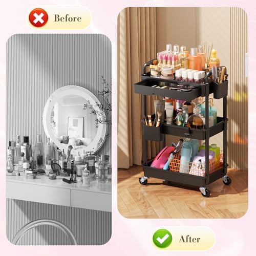 SUNALLY Makeup Cart Organizer with Drawer,3 Tier Rolling Makeup Cart, Black - Image 5