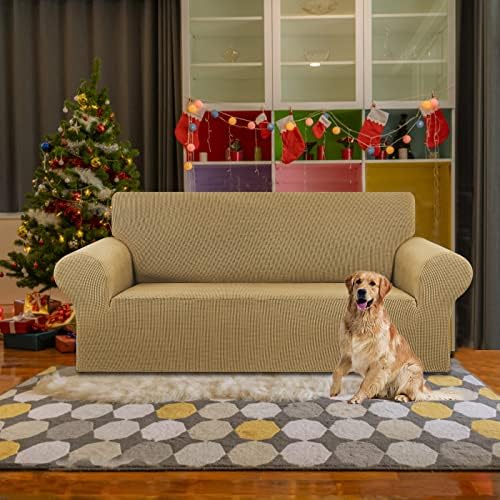 KEKUOU Stretch Loveseat Couch Cover, 2 Cushion Couch Slipcover,Tan - Image 2