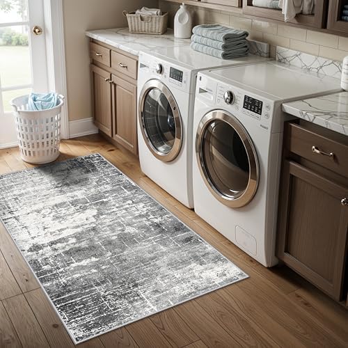 Abstract 2x4 Entryway Area Rugs: Washable Water Resistant Kitchen Rug Non-Slip Durable Doormat Ultra Soft Bedroom Beside Carpet Indoor Low Pile Floor Mat for Bathroom Stove Sink Area(2x4,Black/Grey) - Image 5