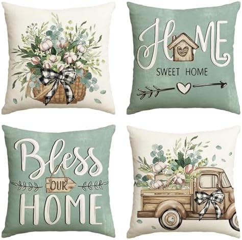 AVOIN colorlife Bless Our Home Farmhouse Eucalyptus Leaves Throw Pillow Covers, 18 x 18 Inch Truck Home Sweet Cushion Case Decorations Set of 4 by AVOINcolorlife