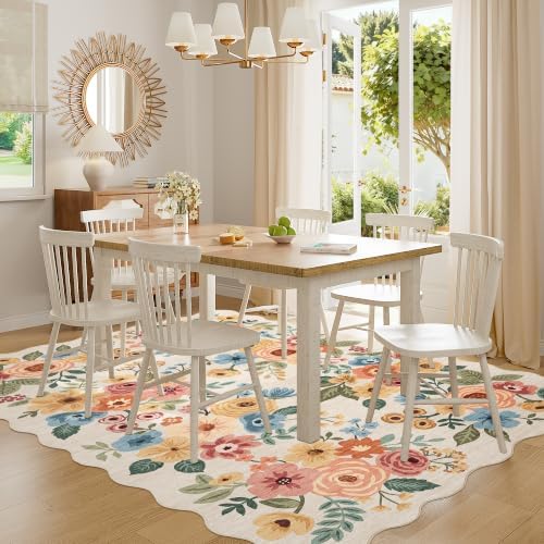 DUKINO 6x9 Area Rugs, Floral Washable Living Room Rug Non Slip Beige Yellow - Image 5