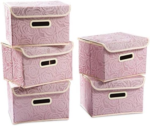 PRANDOM Foldable Storage Boxes with Lids [5-Pack] Fabric Decorative Storage Bins Cubes Organizer Containers Baskets with Cover Handles Divider for Bedroom Closet Living Room Pink 9.8x7.9x6.7 Inch by Prandom