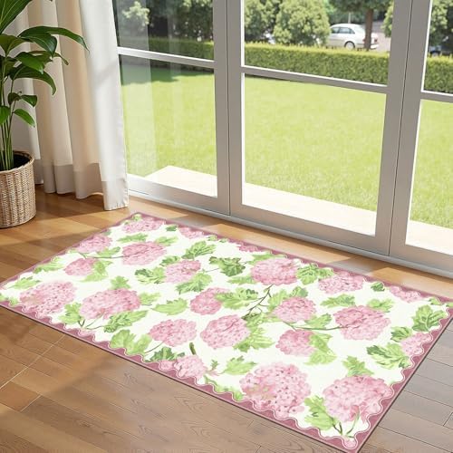 Front Door Mat Indoor Entrance - 2x4.3 Pastel Pink White Floral Rug by Othilic