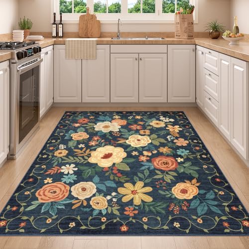 DUKINO 4x5 Area Rug for Entryway, Floral Washable Rug Non Slip, Navy Blue - Image 4