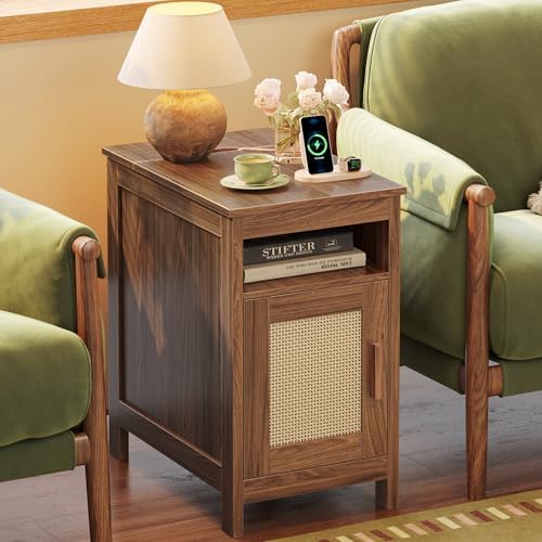 Huuger Narrow Night Stand, End Table with Charging Station, USB-C Port, Rattan Side Table with Cabinet and Open Shelf, Synthetic Rattan, for Small Spaces, Bedroom, Walnut by Huuger