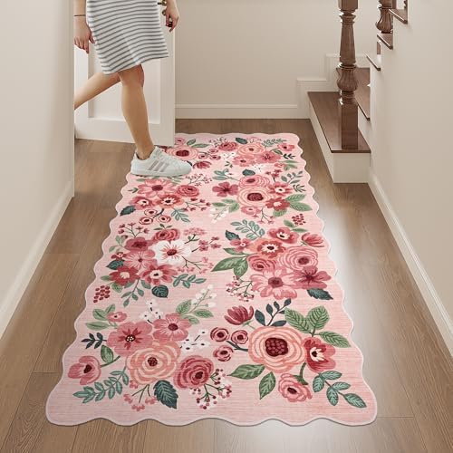 DUKINO 2x4 Rug for Entryway, Floral Washable Kitchen Rugs Non Slip, Pink - Image 4