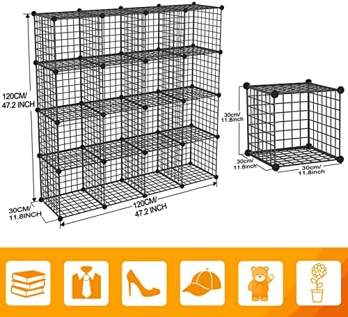 HUBSON Wire Cube Storage Organizer, Book/Toy/Craft/Potted Plants and petCloset Organizers and Storage Shelves, 16-Cube Freely Combinable Metal Grids Storage Shelf,Black Iron - Image 3