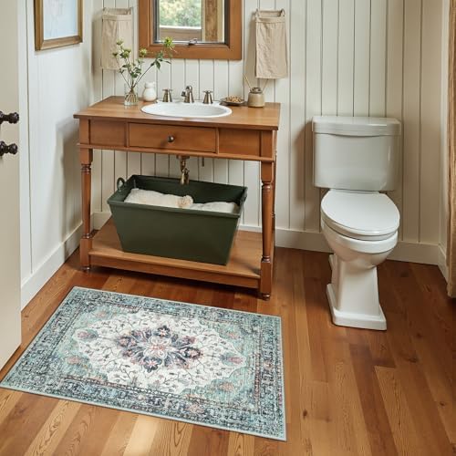 RELEANY Washable Area Rug, Small 2'x3', Teal Green/White/Navy - Image 3
