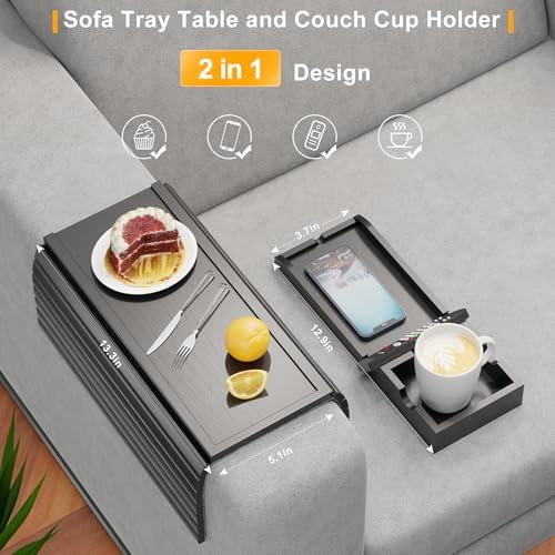 Bestjing Bamboo Couch Armrest Table with Cup Holder Tray (Black) - Image 3