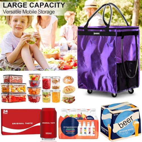Medium Purple Reusable Grocery Bag on Wheels, Foldable Rolling Tote Bag - Image 4