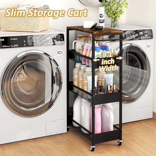 Vincona 9.1" Wide Slim Rolling Utility Cart, 4 Tier Metal Narrow Storage Cart with Handle and Wood Top, Multifunctional Small Mobile Shelf Unit Organizer Trolley for Laundry, Bathroom, Kitchen - Image 2