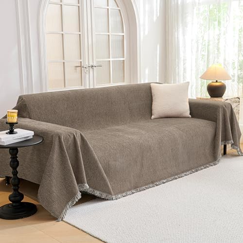 MYSKY HOME Couch Cover for Sofa Couch Covers for Pets, Non Slip Dogs Furniture Protector with Tassels for Living Room Non Slip Washable Furniture Protector Cover for Pet, Cat, 91"x118", Sand by MYSKYHOME