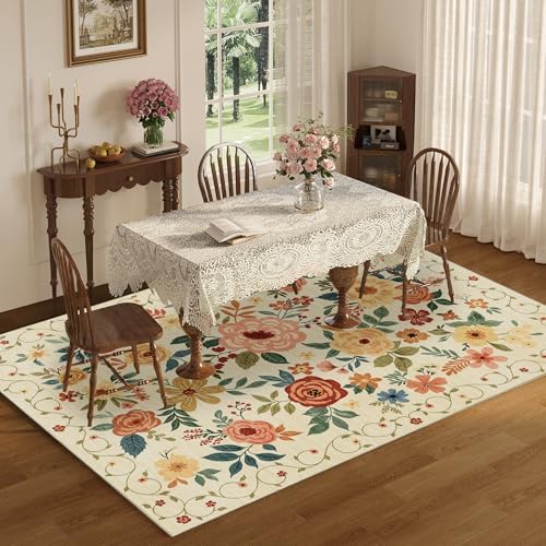 DUKINO 6x9 Area Rugs, Floral Washable Rug for Bedroom Non Slip Beige Yellow - Image 4