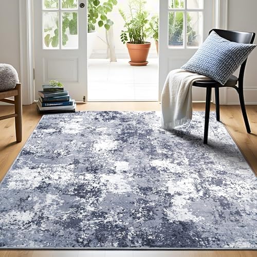 Modern Abstract 3x5 Washable Rug, Non Slip Area Rug, Soft Low Pile Ultra Thin Entryway Rugs, Stain Resistant Distressed Doormat for Indoor Entry, Living Room, Bedroom, Bedroom, Blue White by Enqinar