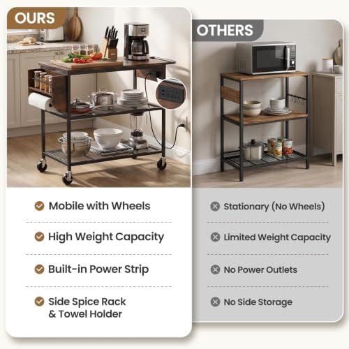 Rolling Kitchen Island with Storage, 3 Tier Kitchen Island Cart with Wheels,Wood Large Worktop, Storage Shelves, Lockable Casters, Power Outlet, Push Handle for Kitchen Dining Room - Image 5