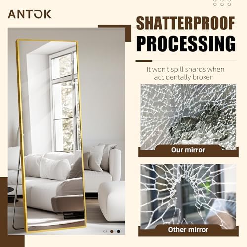 Antok Over The Door Mirror Full Length, 49'' x 14''Wall Mounted Hanging Mirror, Aluminum Alloy Frame, Shatterproof Glass, No Drill Installation for Bedroom, Closet, Bathroom, Dorm, Rect Corner, Gold - Image 3