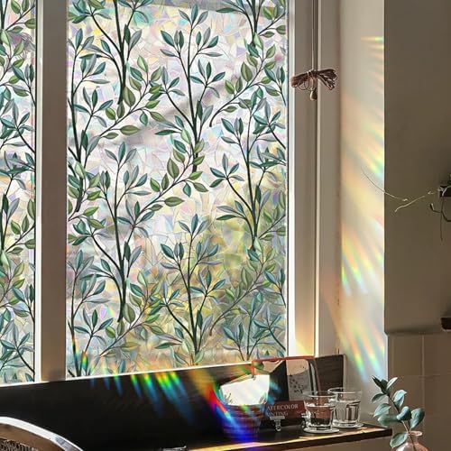 Retro Flowers Window Privacy Film, Magnolia Stained Glass Decorative Window Film for Glass, Rainbow Stained Window Cling Sticker Floral Removable Static Cling for Window (1, Green Leaves, 17x157.5in) - Image 3