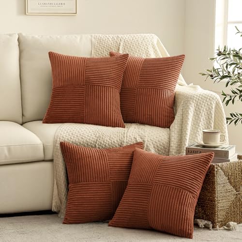 MIULEE Fall Boho Farmhouse Rust Decorative Throw Pillow Covers 20x20 Inch 4 Packs Soft Vintage Pillow Cases Modern Corduroy Patchwork Cushion Covers for Couch Sofa Bed Home Decor, Terracotta - Image 3
