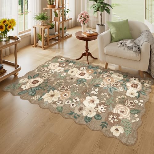 DUKINO 3x5 Area Rugs Non Slip Floral Washable Rug for Bedroom, Light Taupe - Image 3