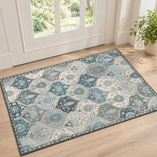 Lahome Moroccan Trellis Front Door Mat Indoor Entrance, 2x3 Rugs for Entryway Non-Slip Washable Indoor Door Mat, Oriental Accent Small Rug for Kitchen Bedroom Bathroom Elise, Blue by Lahome