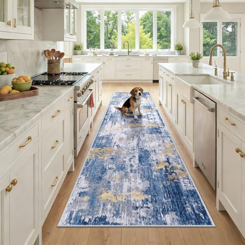 RELEANY Washable Runner 3'x9' Abstract Area Rug for Hallway Blue Gold by RELEANY