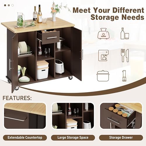 Shintenchi Kitchen Island with Storage, Bar Cart Cabinet Island Table on Wheels, Rolling Microwave Cart for Kitchen with Drop Leaf, Drawers, Towel Rack, Seating Area for Dining Room, Brown - Image 5
