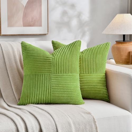 Fancy Homi Set of 2 Lime Green Big Decorative Throw Pillow Covers 24x24 Inch for Couch Bed Sofa, Modern Farmhouse Boho Home Decor, Soft Cross Corduroy Patchwork Accent Square Cushion Case 60x60 cm by Fancy+Homi