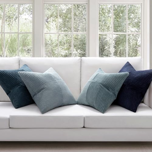 MIULEE Dusty Blue Navy Farmhouse Throw Pillow Covers 20x20 Inch Set of 4 Boho Patchwork Gradient Cushion Cases Western Modern Pillow Cases Corduroy Home Decor for Couch Sofa Living Room Bed - Image 2
