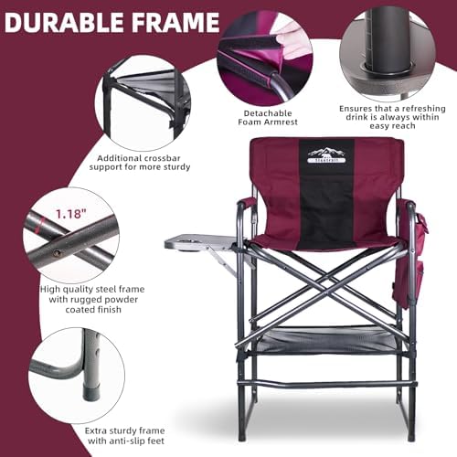 Tall Directors Chair 30" Seat Height, Bar Height Folding Chair with Side Table, Foldable Camping Chair with Side Pocket for Makeup Artist, Sports Event, Supports 400LBS - Wine Red/Black - Image 6