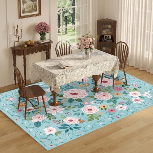 DUKINO 5x7 Area Rugs, Floral Washable Rug for Living Room Non Slip, Teal - Image 5