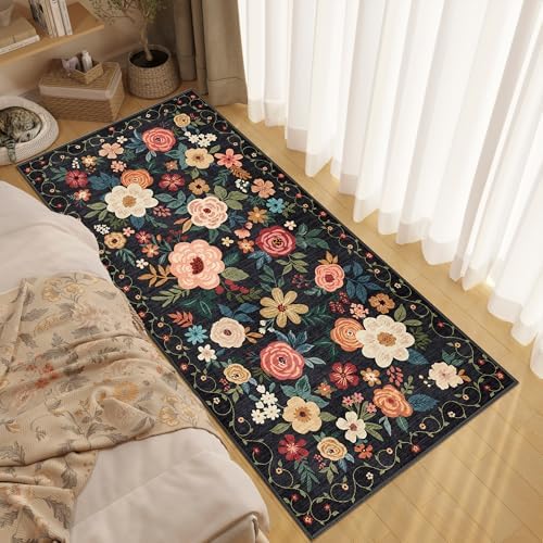 DUKINO 3x6 Runner Rug, Non Slip Floral Washable Rug for Kitchen, Black - Image 3