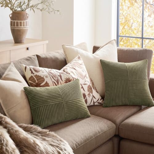 Fancy Homi 2 Packs Olive Green Lumbar Decorative Throw Pillow Covers 14x24 Inch for Couch Bed, Farmhouse Boho Home Decor, Soft Striped Corduroy Rectangle Accent Cushion Case 35x60 cm - Image 5